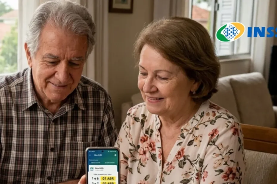 Mãos de uma pessoa idosa consultando o extrato bancário no celular, simbolizando o recebimento antecipado do INSS.