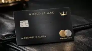Homem de terno exibindo o cartão Mastercard World Legend em um ambiente de luxo.