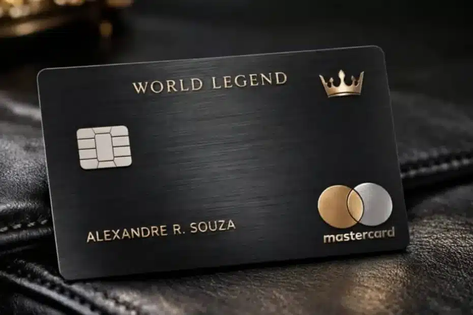 Homem de terno exibindo o cartão Mastercard World Legend em um ambiente de luxo.