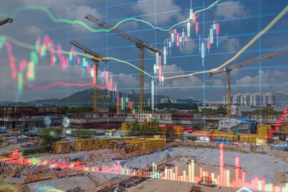 Canteiro de obras do programa Minha Casa Minha Vida com prédios em construção ao amanhecer