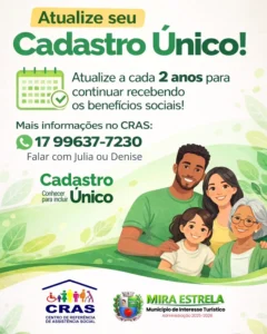 Fachada do CRAS de Mira Estrela com alerta sobre Cadastro Único