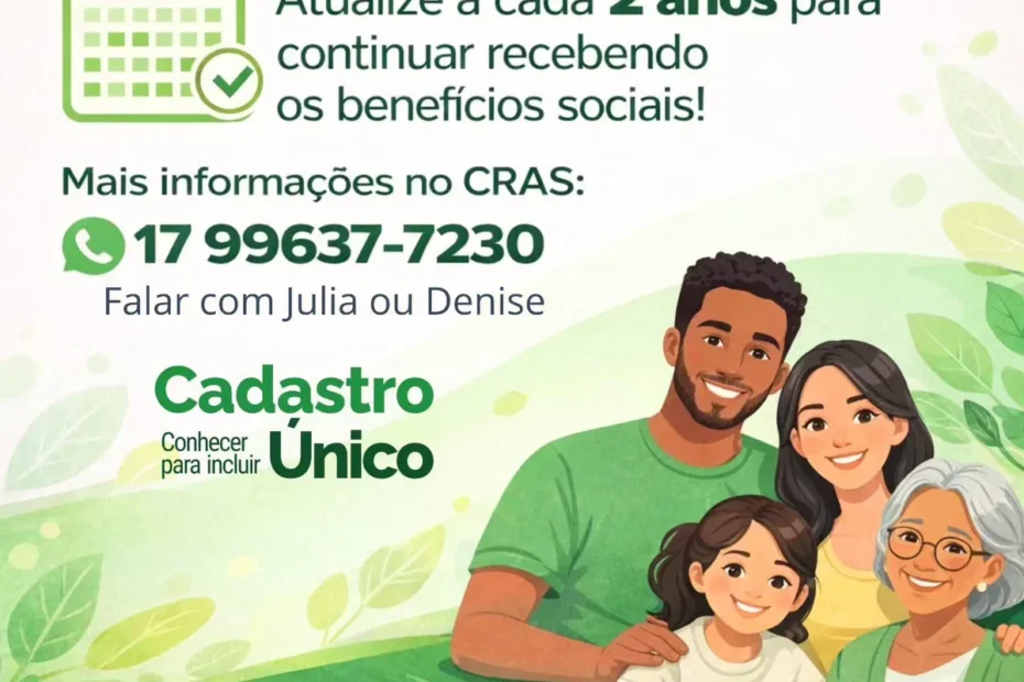 Fachada do CRAS de Mira Estrela com alerta sobre Cadastro Único