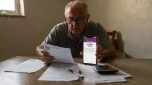 Brasileiros preocupados em frente a prédio do INSS aguardando informações sobre o BPC.