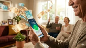 Idoso aposentado sorrindo ao conferir extrato bancário com possível adicional