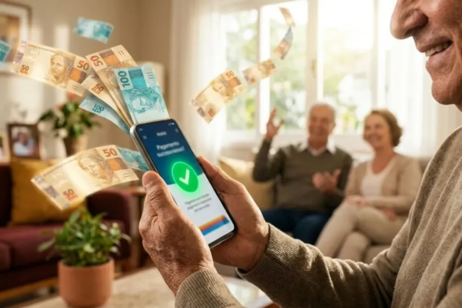 Idoso aposentado sorrindo ao conferir extrato bancário com possível adicional