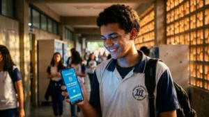 Estudante verifica pagamentos do Pé-de-Meia em aplicativo no celular