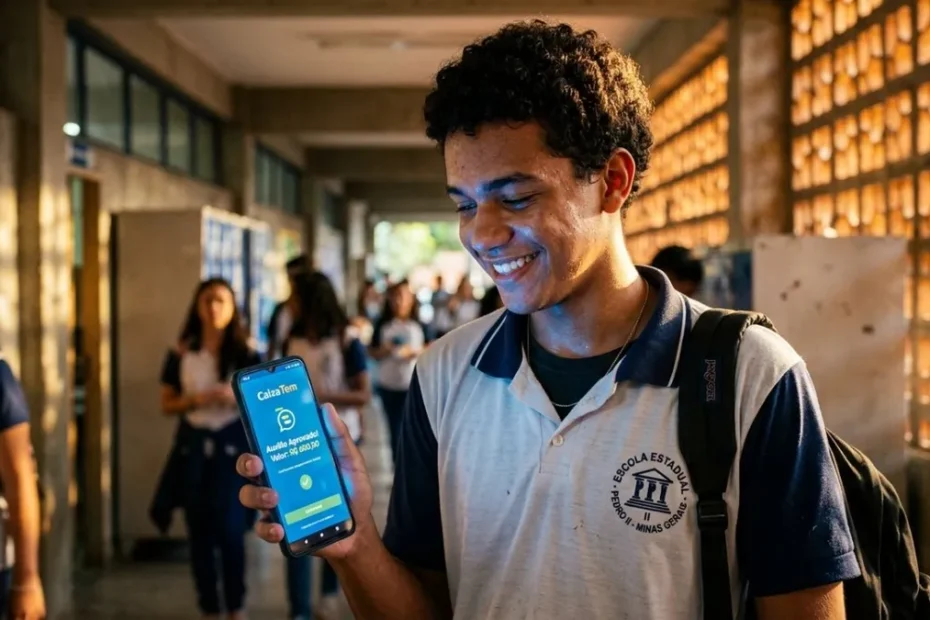 Estudante verifica pagamentos do Pé-de-Meia em aplicativo no celular