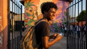 Jovem estudante feliz com livros, simbolizando o recebimento do benefício Pé-de-Meia