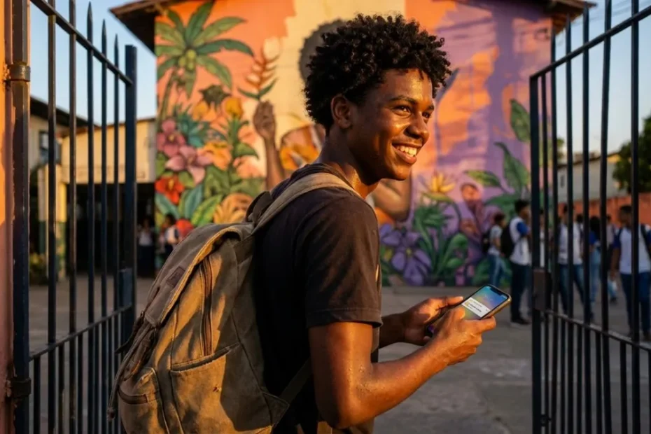 Jovem estudante feliz com livros, simbolizando o recebimento do benefício Pé-de-Meia