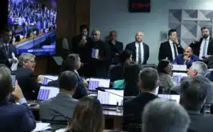 Leila Pereira, presidente do Palmeiras e da Crefisa, em um ambiente formal, sugerindo uma audiência ou reunião importante.