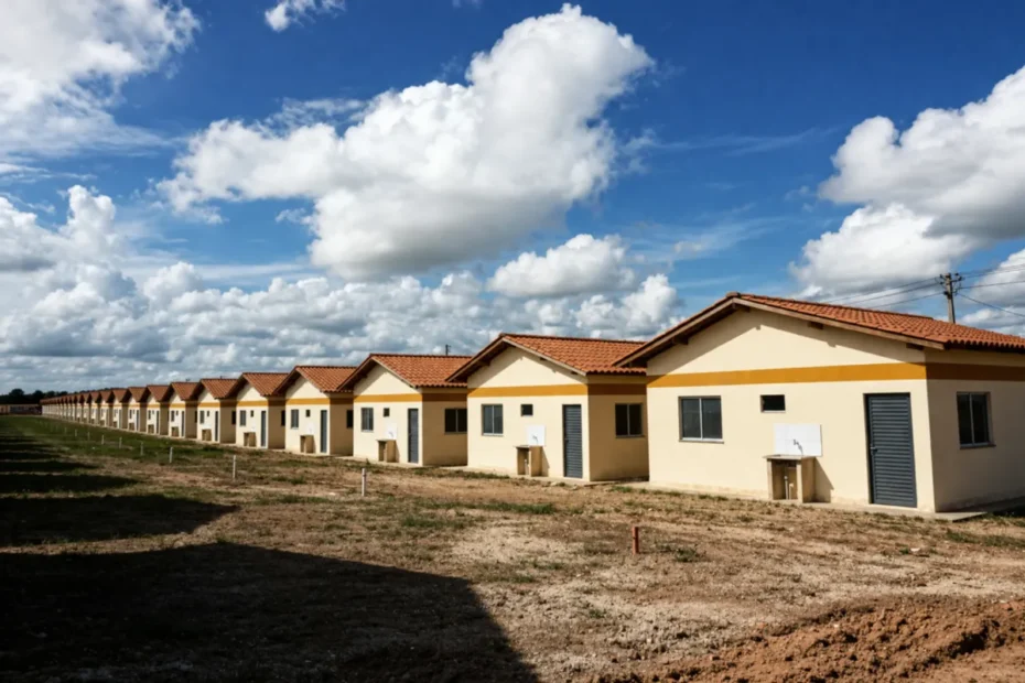 Casal jovem e diverso olhando plantas de uma casa com esperança, representando o sonho da casa própria facilitado pelo Minha Casa, Minha Vida.