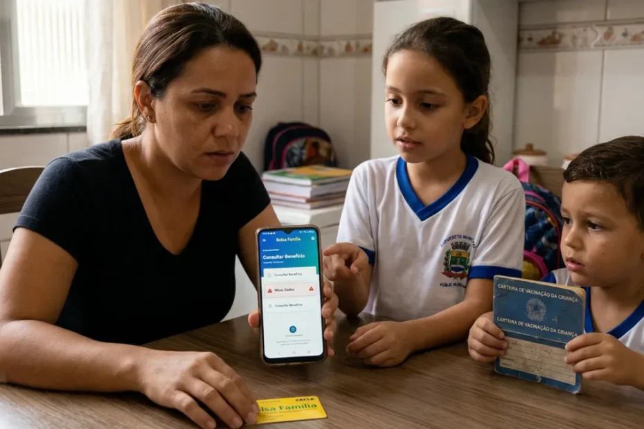 Mãe preocupada verificando informações do Bolsa Família no celular com filhos