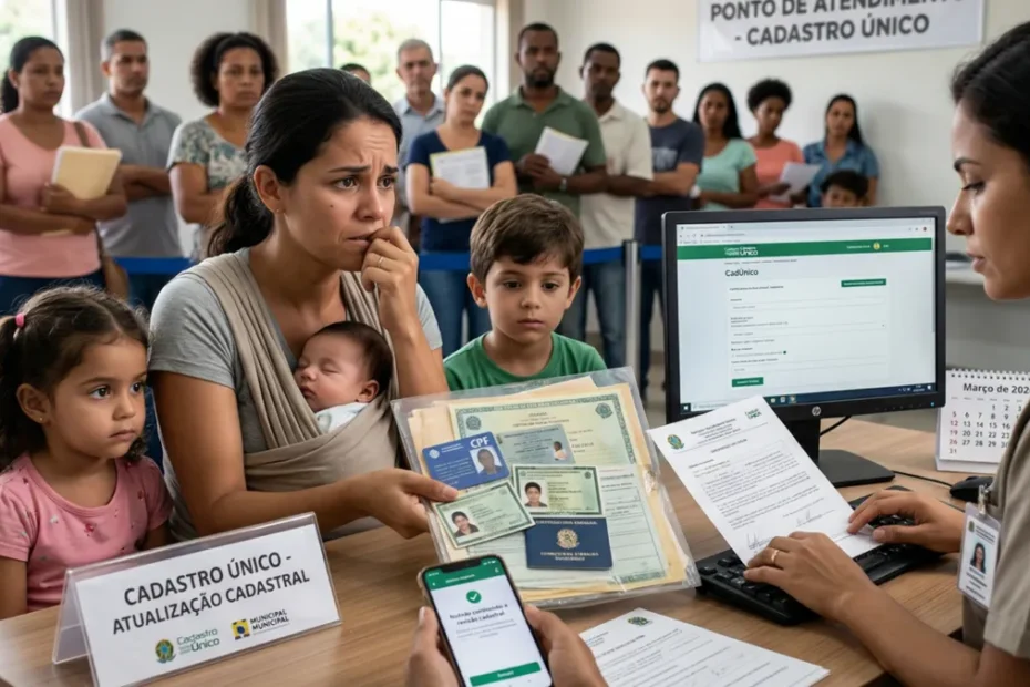 Famílias em fila para atendimento no CadÚnico com semblante preocupado.