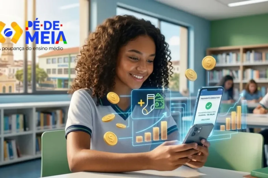 Estudante brasileiro checando aplicativo Caixa Tem para consultar o benefício Pé-de-Meia no celular
