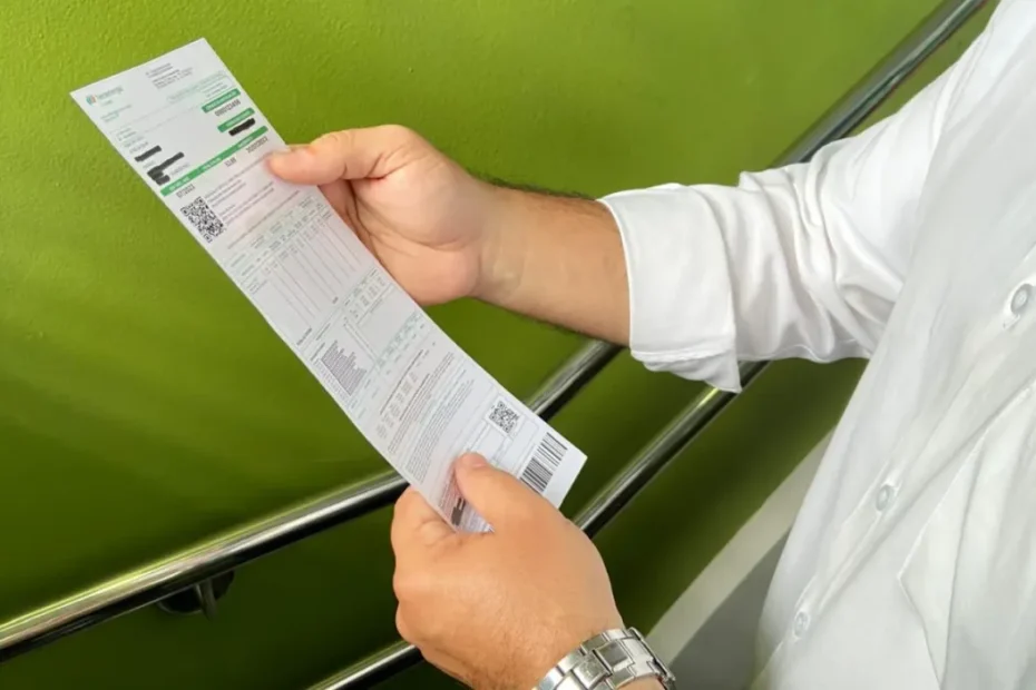 Mulher preocupada olhando para conta de energia elétrica em Apodi