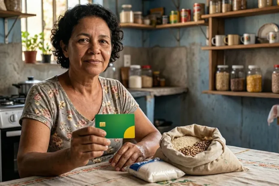Beneficiária sorri ao receber cartão do Bolsa Família, com foco na esperança e segurança.