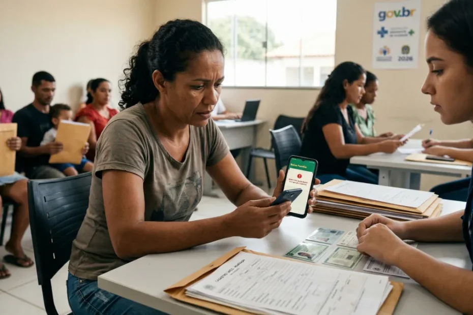 Família preocupada em posto de atendimento do Cadastro Único