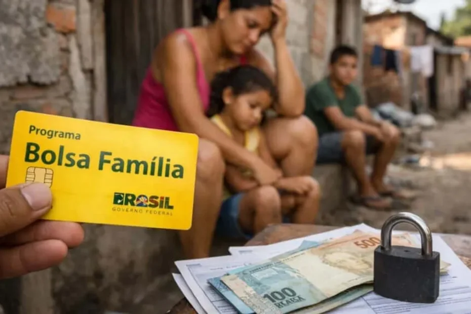 Família brasileira preocupada com celular exibindo app do Bolsa Família