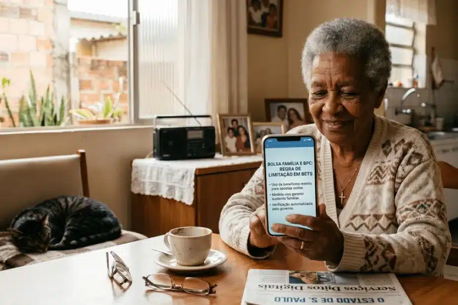 Mulher preocupada olhando para o celular com ícone de aposta, simbolizando o risco para benefícios sociais.