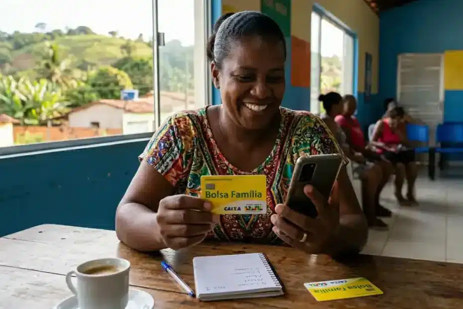 Família feliz recebe notificação de pagamento do Bolsa Família