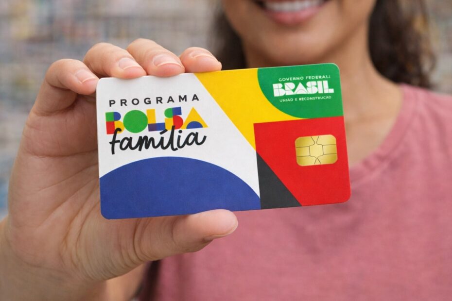 Mulher sorri ao verificar pagamento do Bolsa Família no celular.