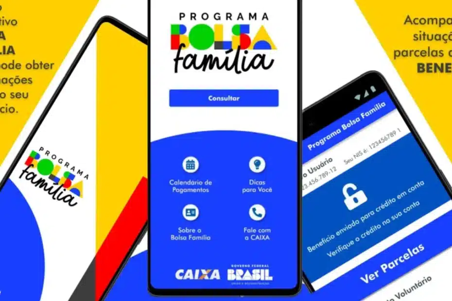 Pessoa consultando informações do Bolsa Família em aplicativo de celular, com alerta de golpes.