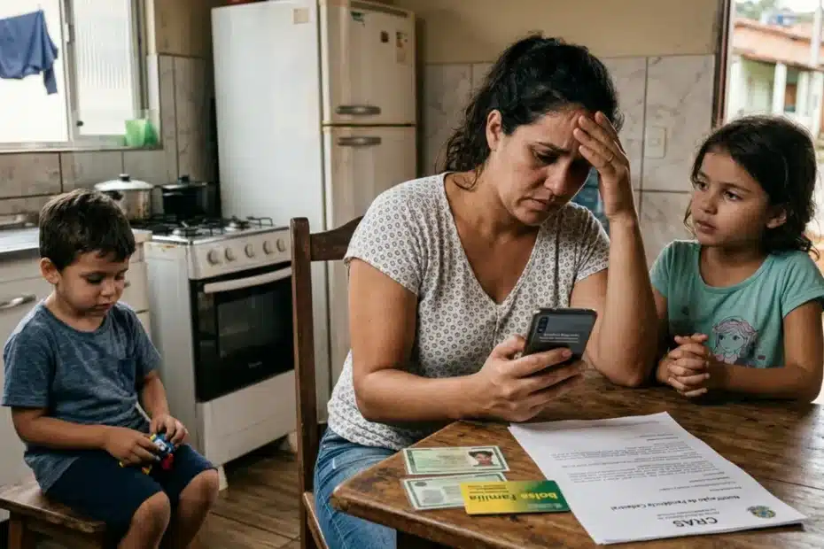 Família brasileira preocupada com a atualização do CadÚnico e possíveis bloqueios de benefícios.