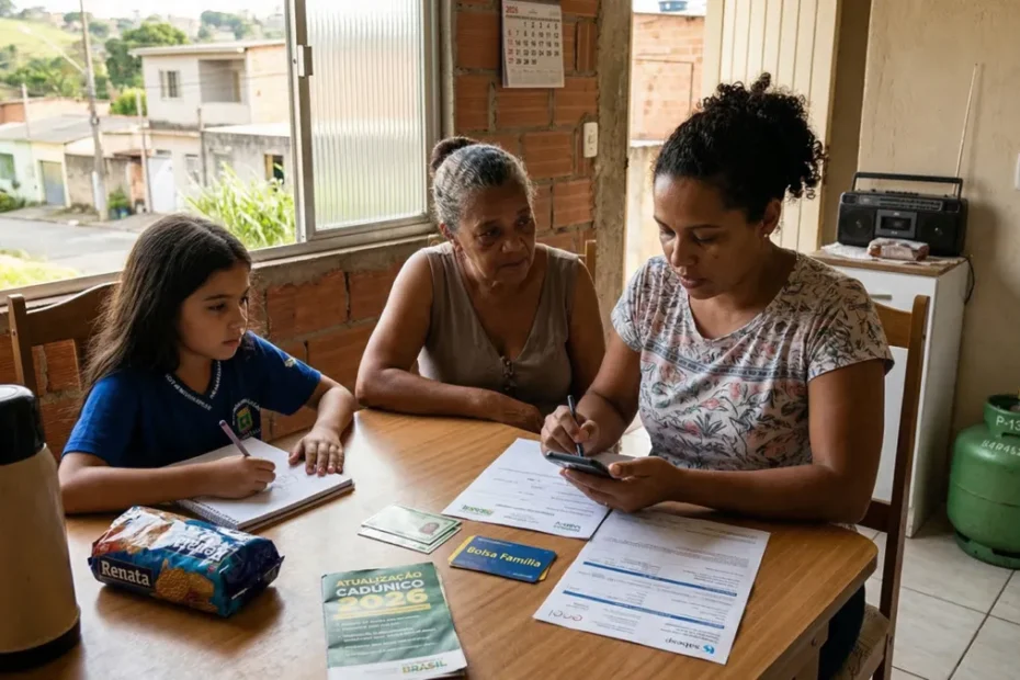 Família revisando documentos do CadÚnico com expressão preocupada e a família está usando roupas simples.