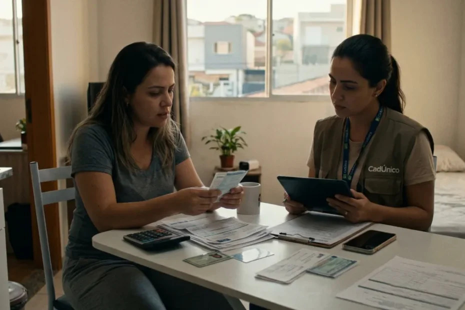 Pessoa preocupada olhando documentos e celular sobre benefícios sociais.