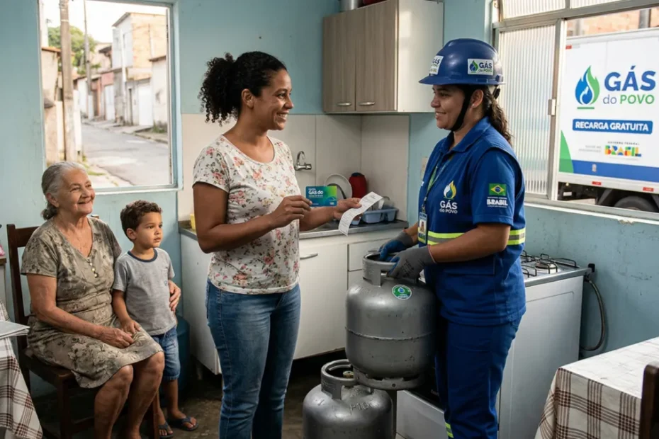 Mulher de baixa renda segurando um botijão de gás vazio.