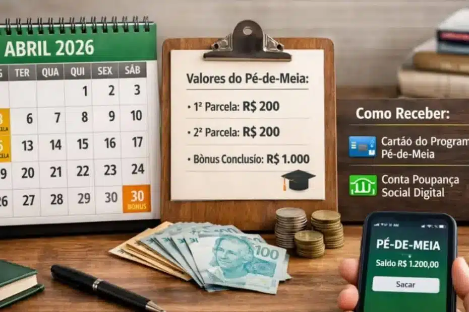 Estudantes consultando informações sobre o benefício Pé-de-Meia em um aplicativo no celular.