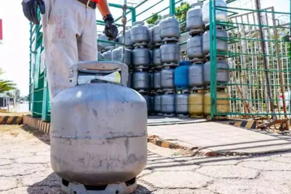 Dona de casa segura botijão de gás de cozinha com preocupação após aumento de preço.