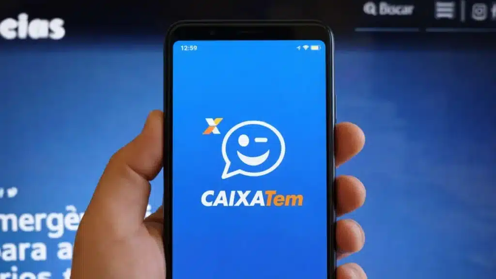 Mulher preocupada olha para o celular com o aplicativo Caixa Tem aberto e uma notificação de atualização.