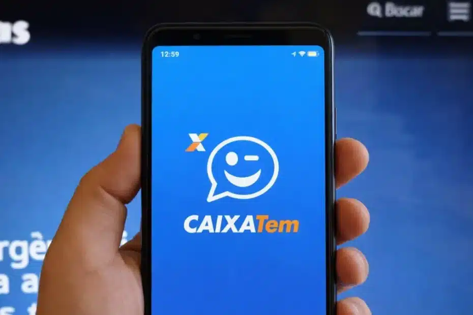 Mulher preocupada olha para o celular com o aplicativo Caixa Tem aberto e uma notificação de atualização.