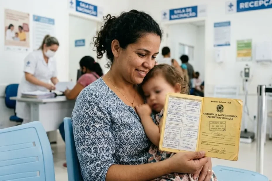 Mãe preocupada verificando a caderneta de vacinação do filho pequeno para evitar perder o adicional de R$ 150 do Bolsa Família.