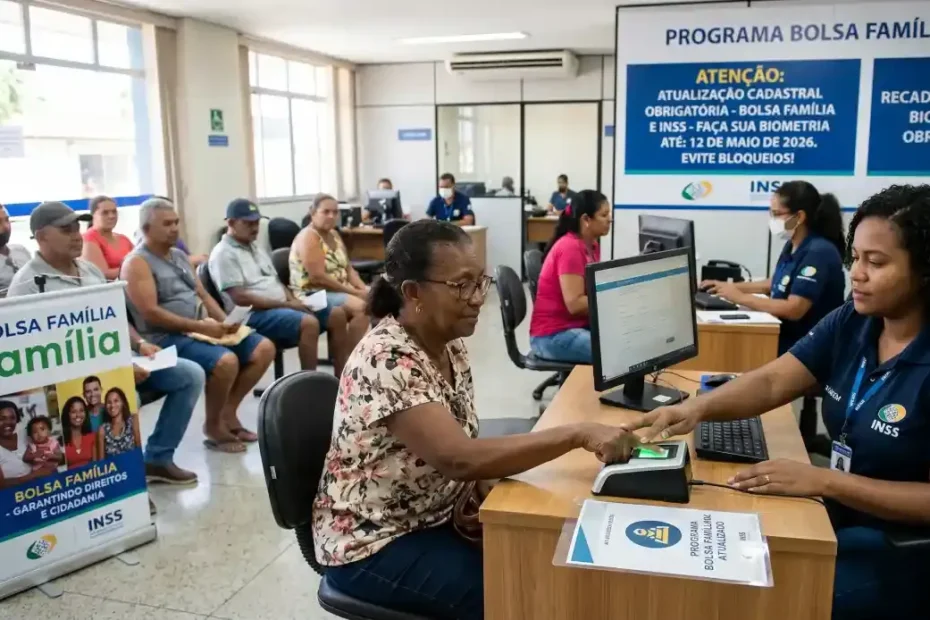 Pessoa fazendo biometria para evitar o bloqueio de benefícios sociais e previdenciários