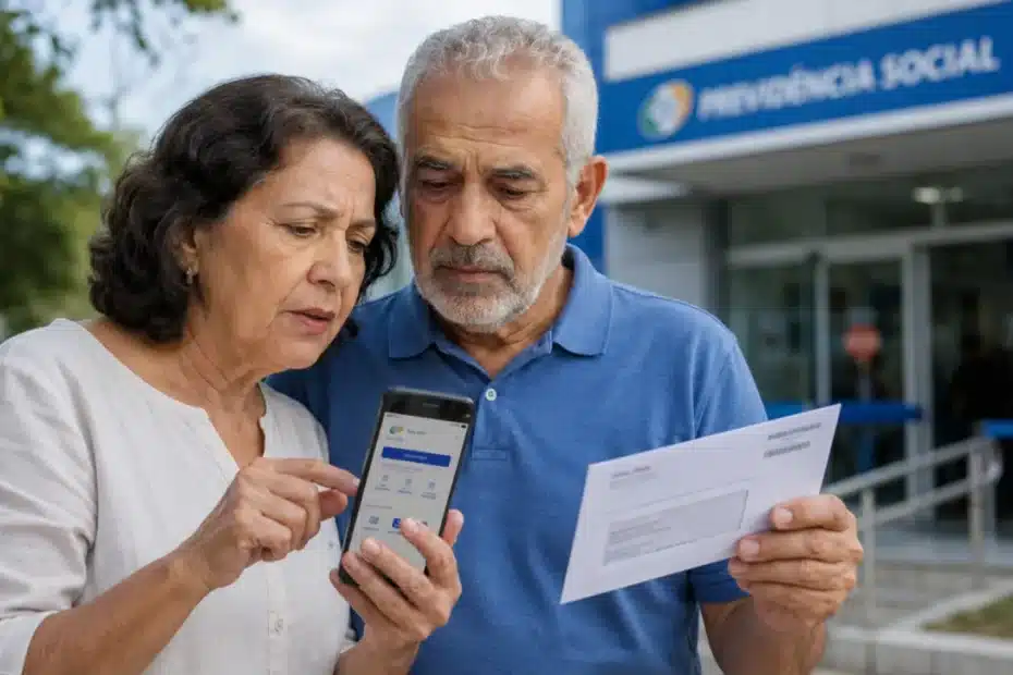 Mãos de pessoa idosa olhando para a tela de um smartphone com aplicativo do INSS e expressão preocupada, simbolizando o alerta de bloqueio de benefício.