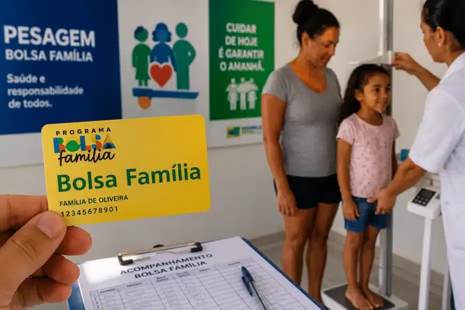Mãe pesando filho em posto de saúde para Bolsa Família