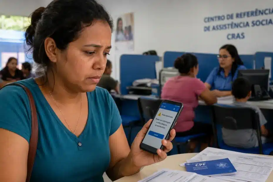 Mulher analisa notificação de bloqueio do Bolsa Família em seu smartphone