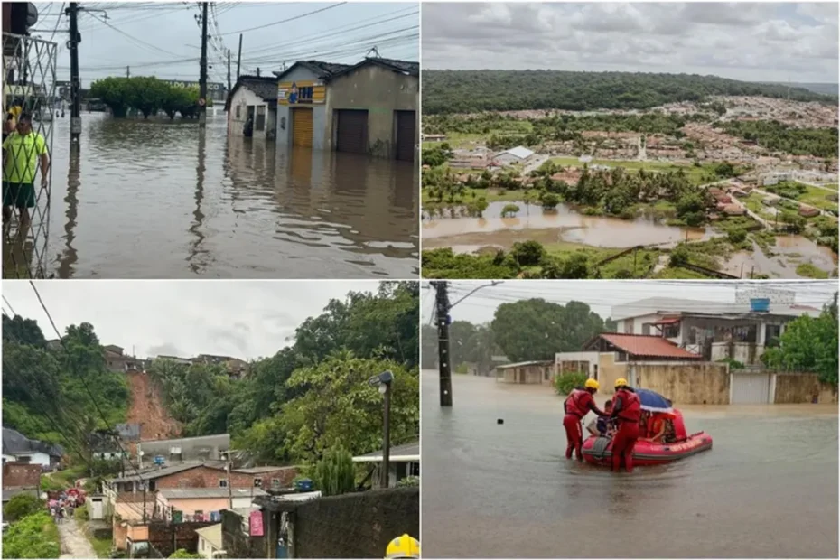 Pessoas recebendo cestas básicas em centro de apoio em cidade nordestina afetada por chuvas