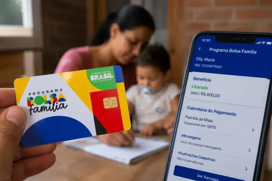 Mulher preocupada consultando informações sobre o Bolsa Família em seu celular ou em um documento oficial
