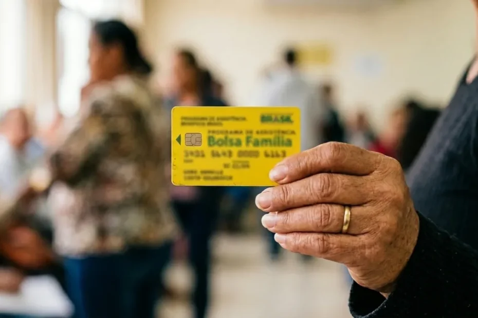 Mãe e filho em frente a um posto de saúde, representando o acesso a serviços de saúde para beneficiários do Bolsa Família.