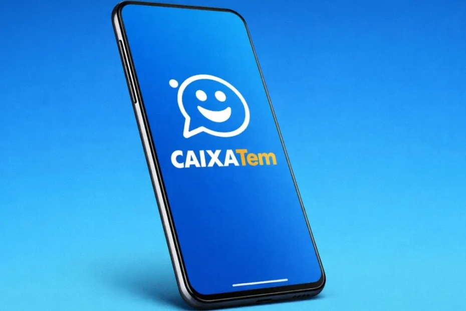 Smartphone mostrando o aplicativo Caixa Tem com um dedo prestes a iniciar uma atualização.
