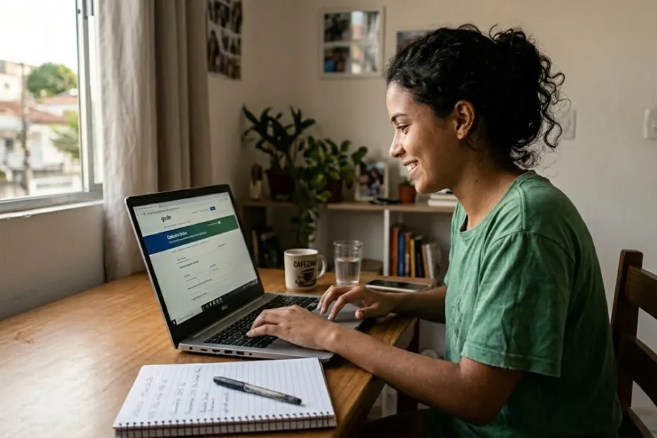Pessoa morando sozinha pesquisando sobre benefícios sociais em um smartphone ou documento