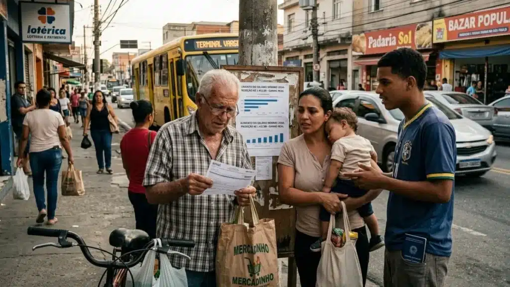 Mãos segurando notas de reais e uma calculadora, representando o planejamento financeiro com o novo salário mínimo.
