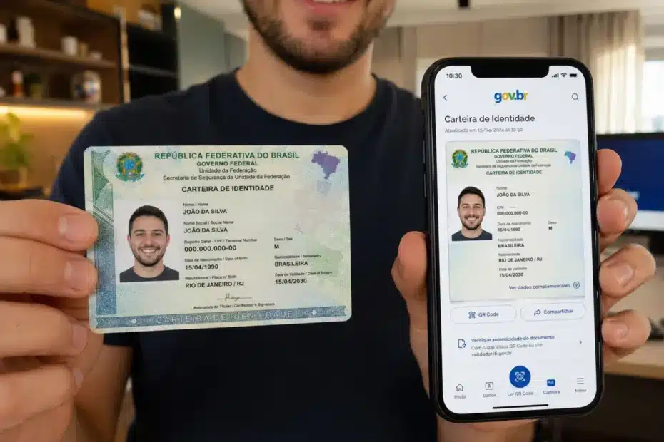 Pessoa segurando a nova Carteira de Identidade Nacional (CIN) com expressão de preocupação.