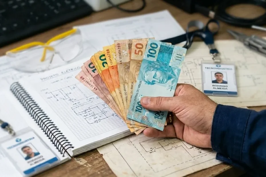 Profissional técnico pensativo verificando documentos, com valores salariais em destaque, representando a oportunidade de receber o salário mínimo regional de R$ 2.407 no Paraná.