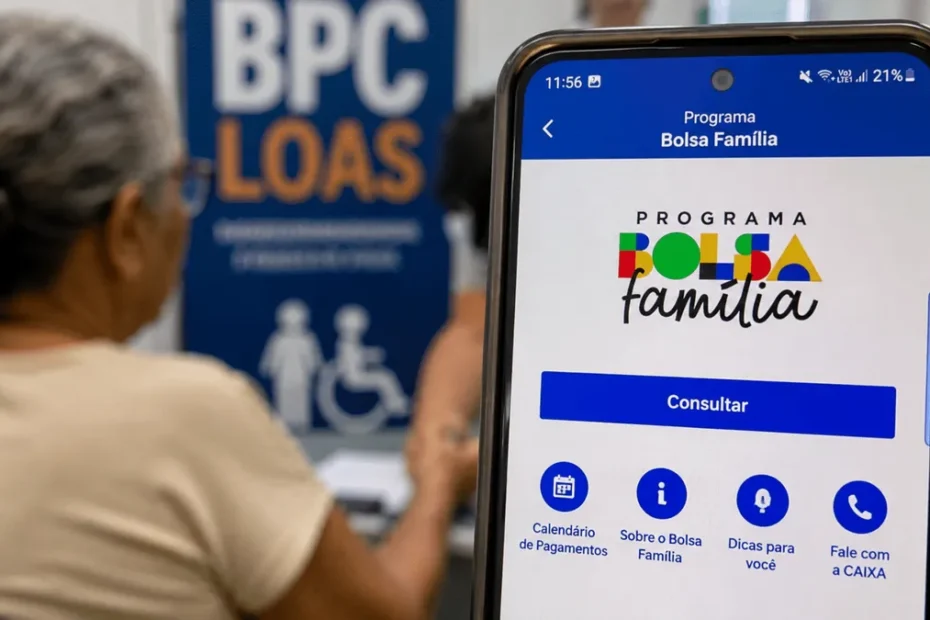 Senhora idosa e mulher revisam documentos com esperança após notícia sobre Bolsa Família e BPC.
