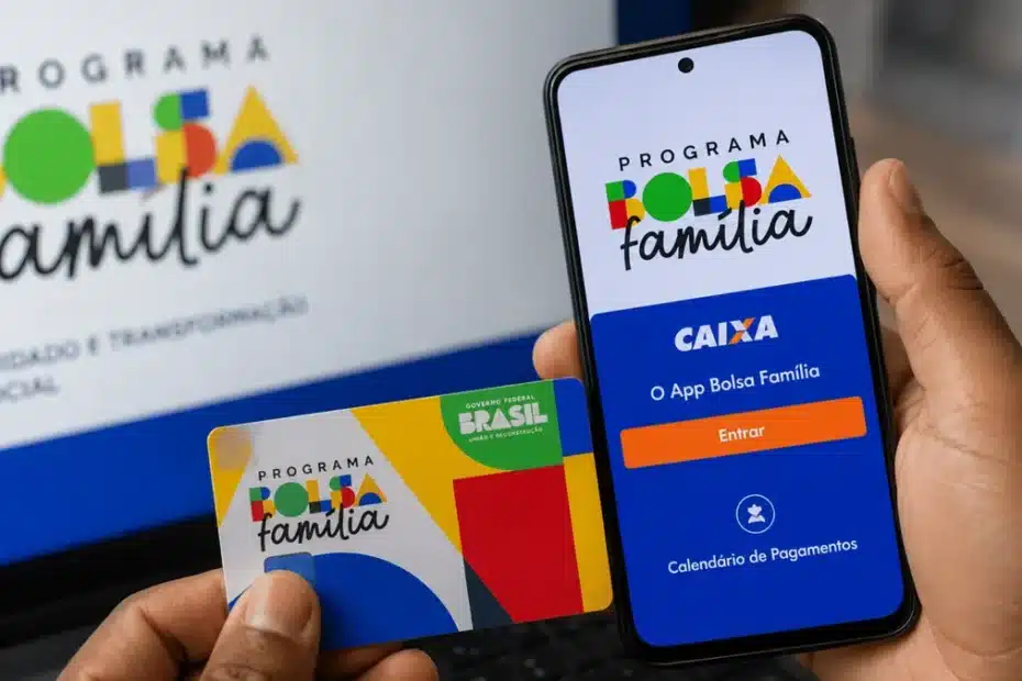 Mulher consultando aplicativo Bolsa Família no celular em casa