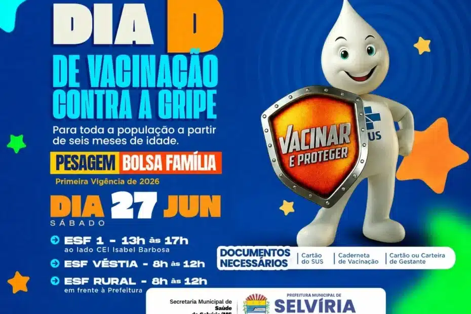 Família com crianças sendo atendida em posto de saúde para vacinação e pesagem do Bolsa Família em Selvíria.